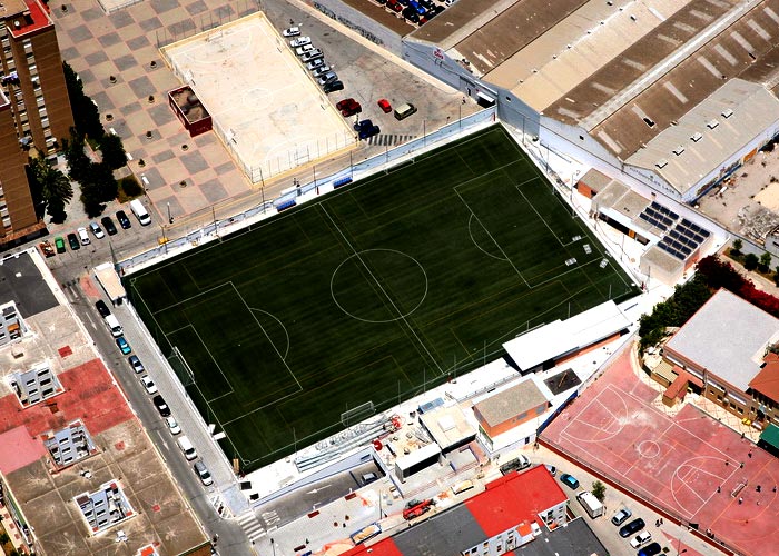 Campo de fútbol de Puerta Blanca en Málaga. Vista aérea